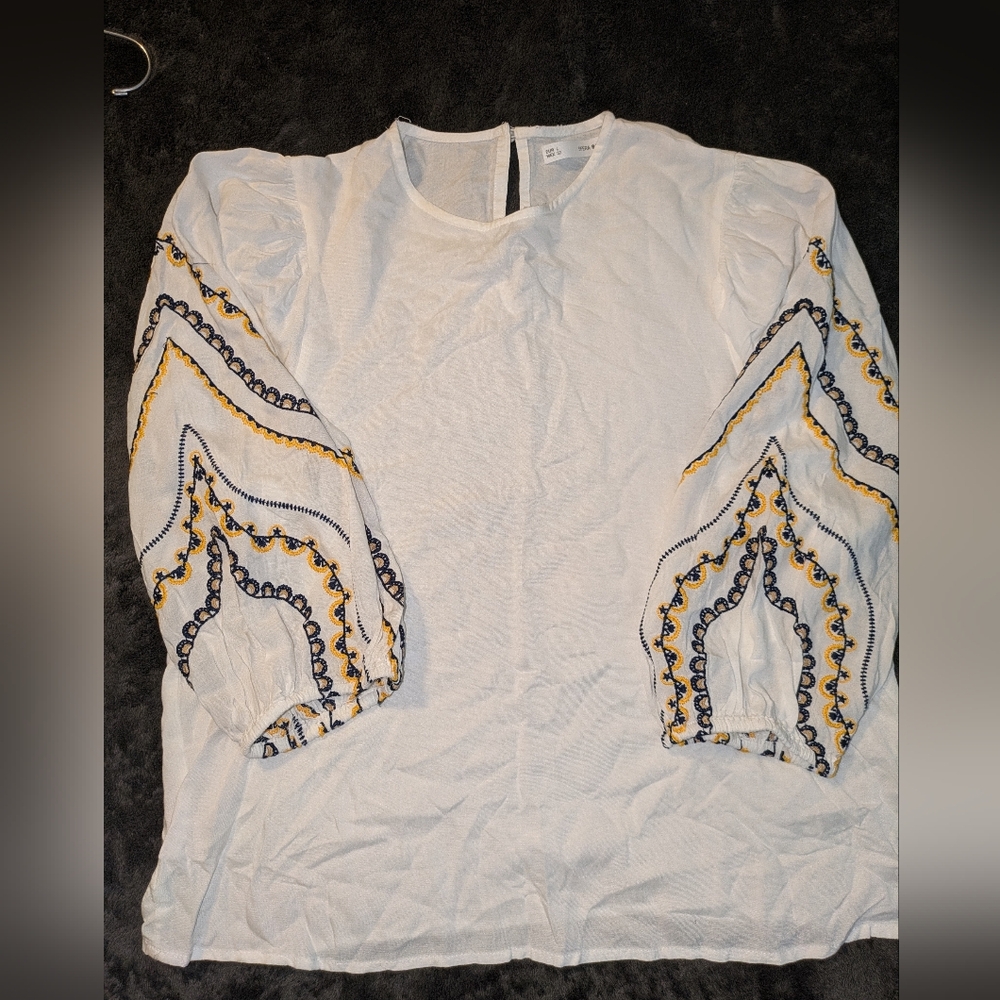 SFERRA White Blouse with Yellow & Navy Embroidery